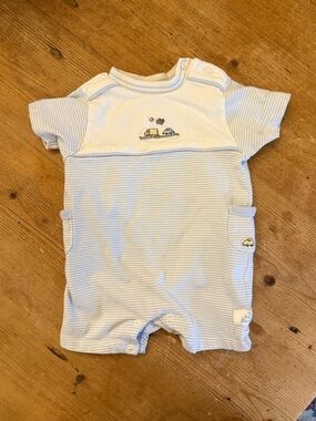 Vintage Baby Boy Striped Blue & White Baby Romper with Car Embroidery